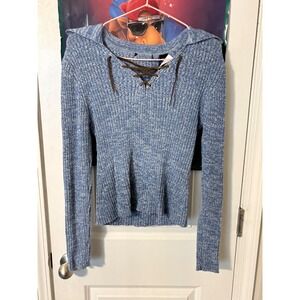 Blue Marled Ribbed Knit Lace Up Sailor Collar y2k Sweater Womens Med